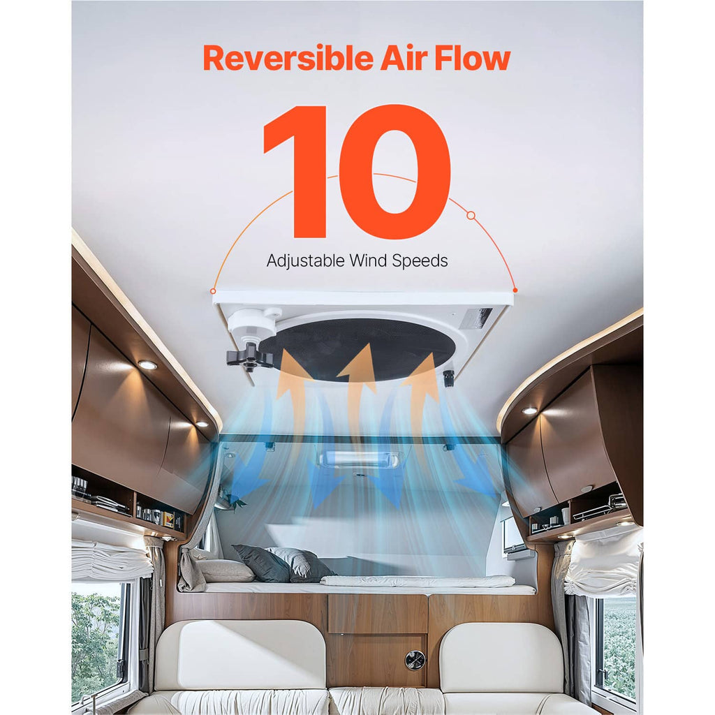 Roof vent fan over RV interior ceiling with airflow arrows showing reversible direction