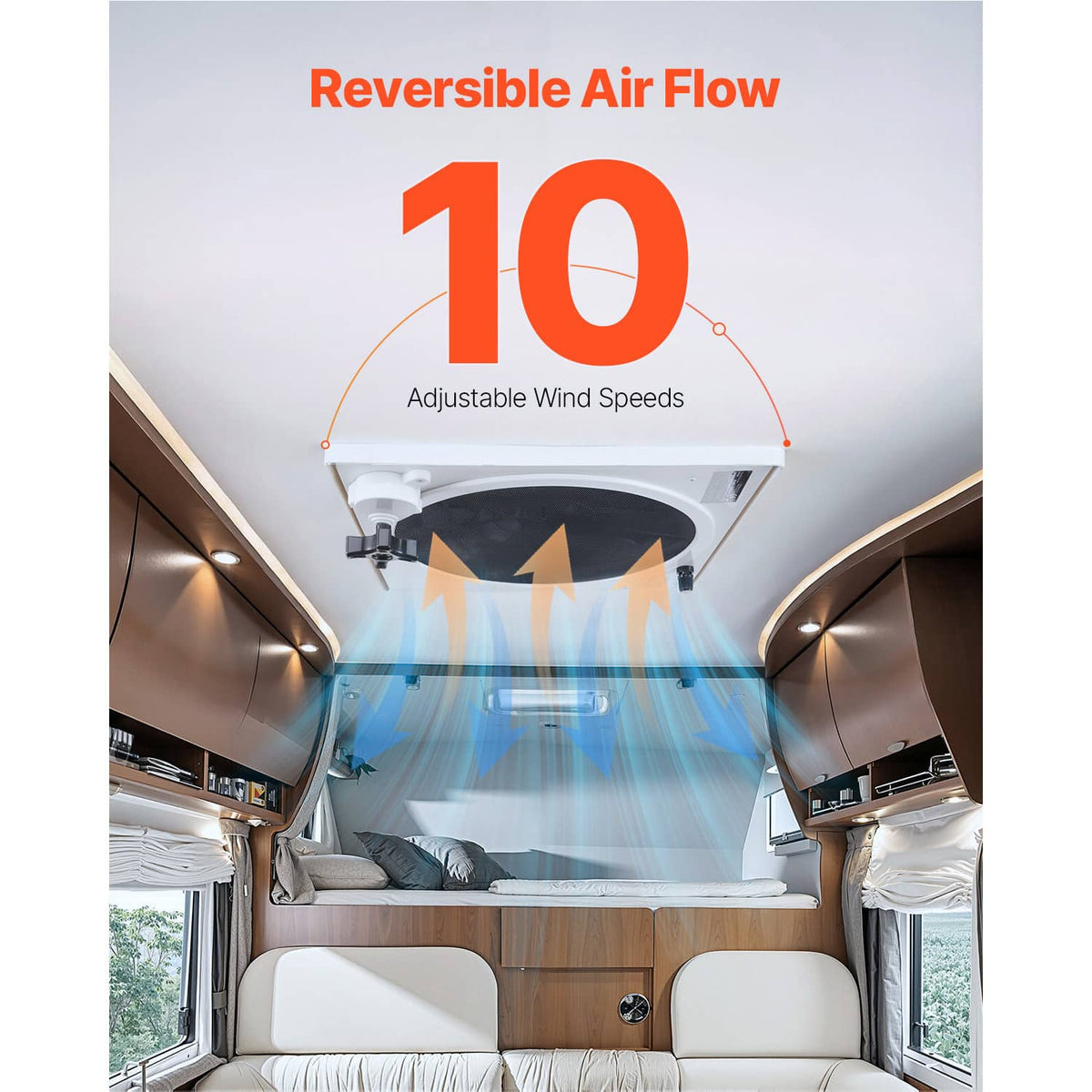 Roof vent fan over RV interior ceiling with airflow arrows showing reversible direction
