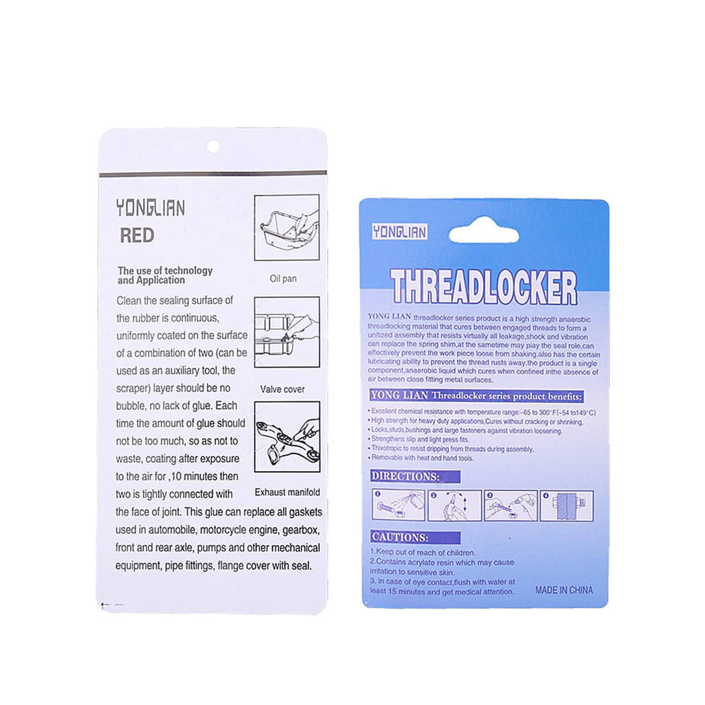 YONGLIAN RED instruction cards and THREDLOCKER threadlocker label cards, back view