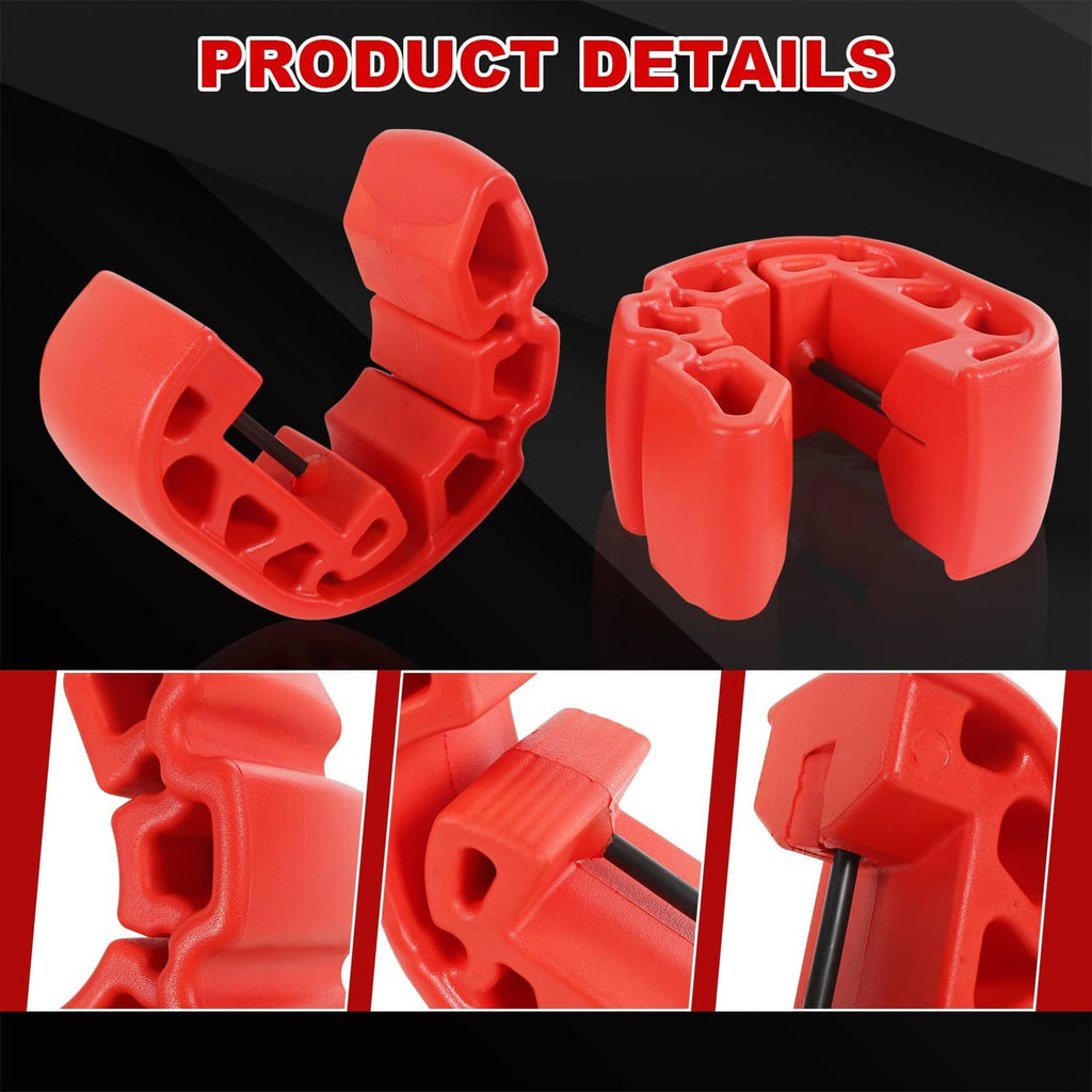 Red snap-in bumper fender clamp parts with molded openings, detail view pair