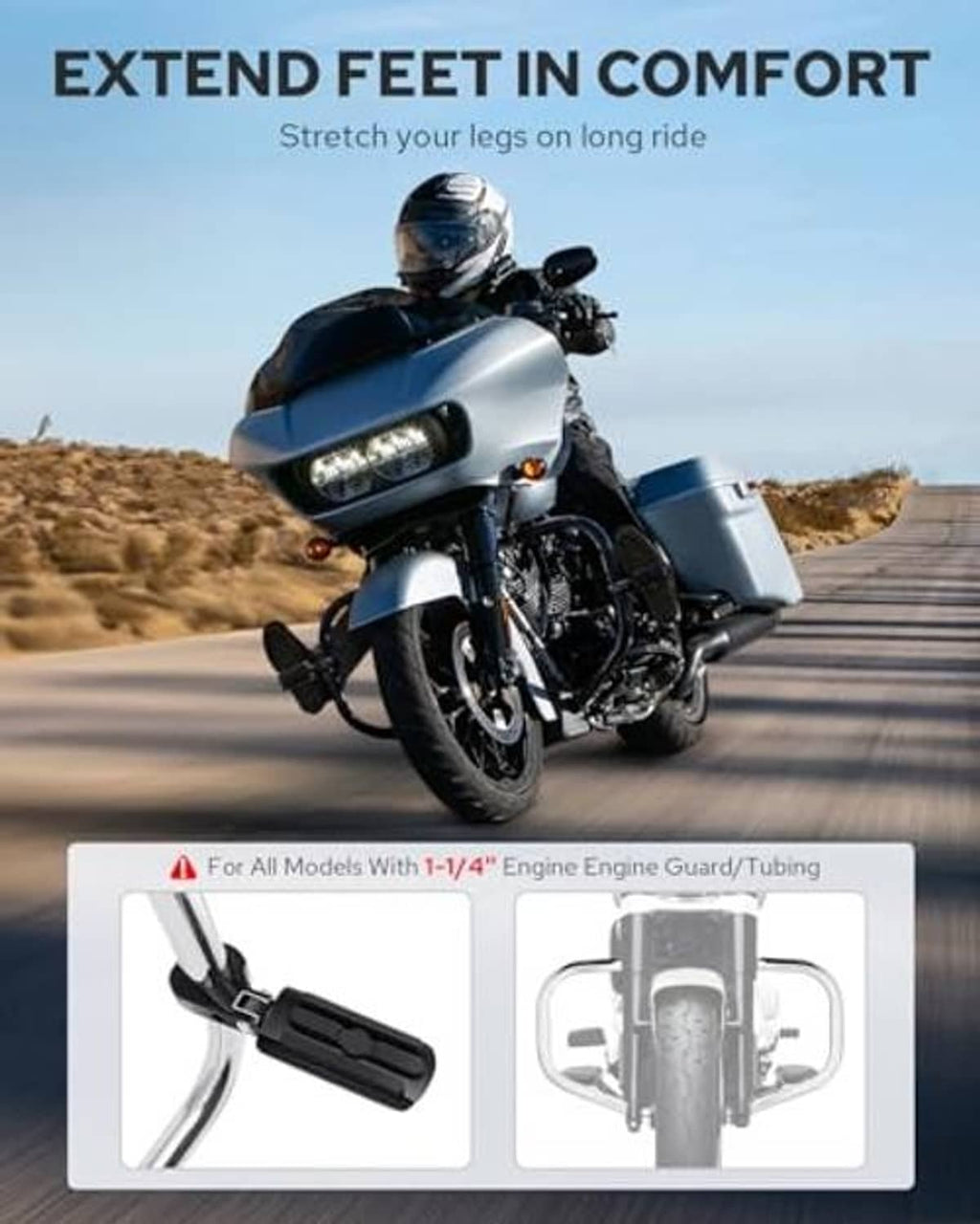 Black motorcycle foot peg set with P-clamps shown on a sport bike