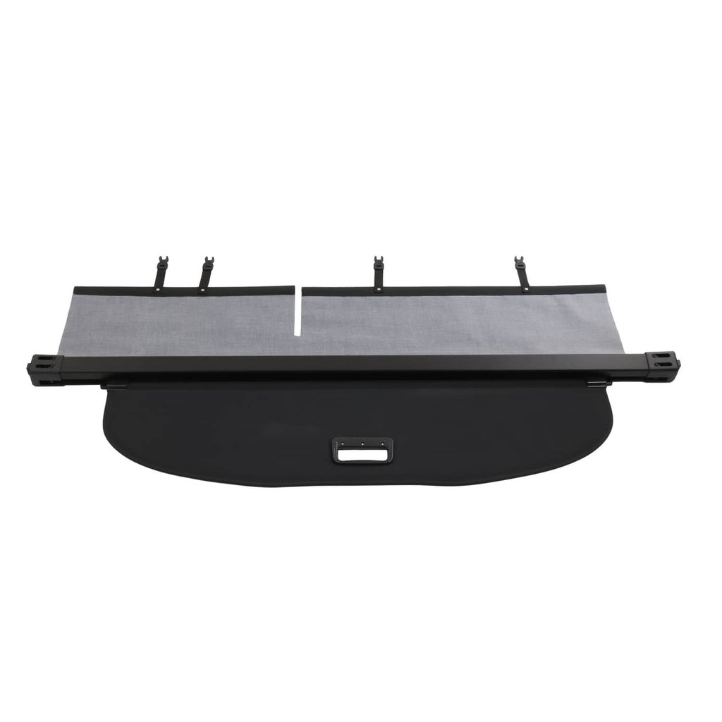 Rear trunk security shade cargo cover, gray fabric panel with black base and clips