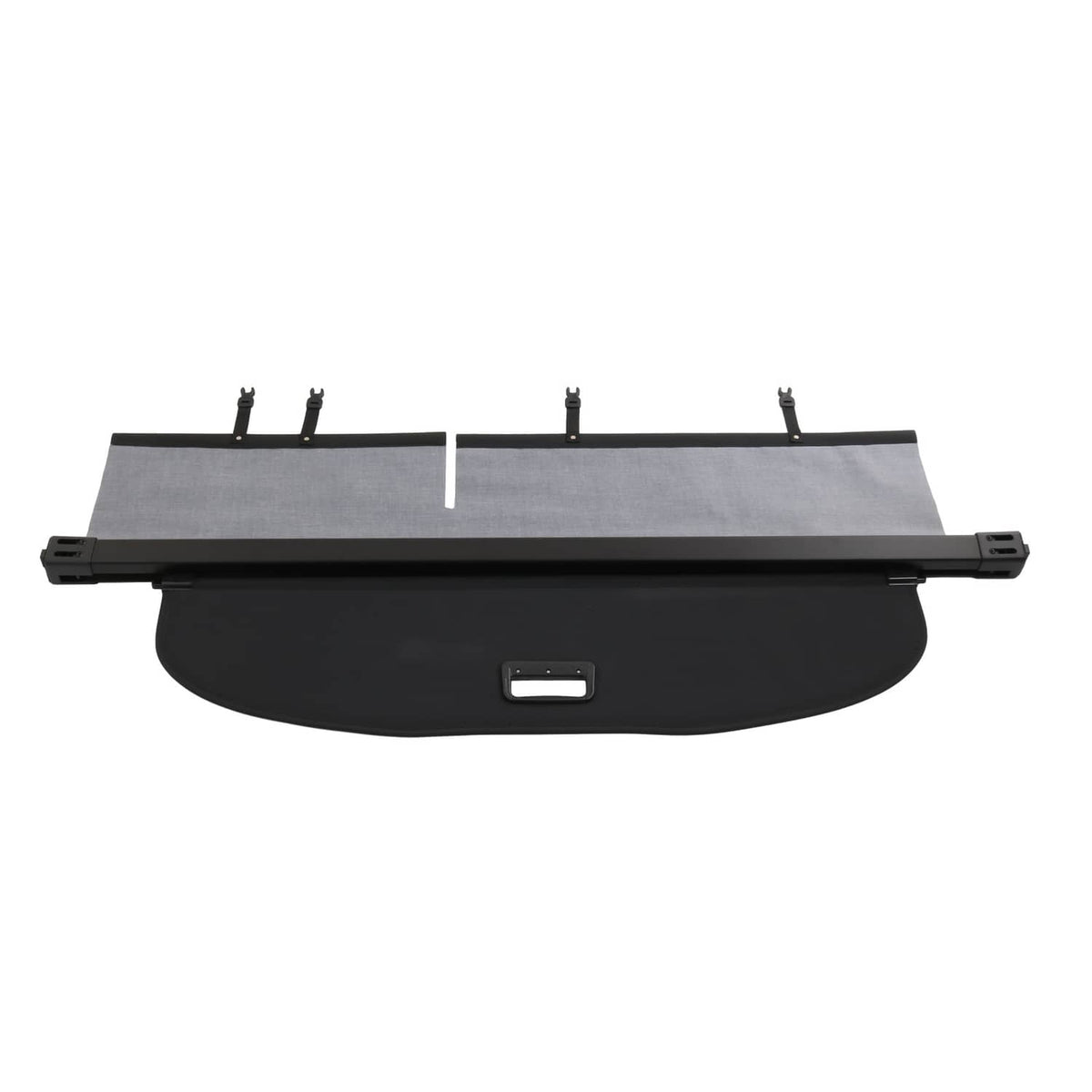 Rear trunk security shade cargo cover, gray fabric panel with black base and clips