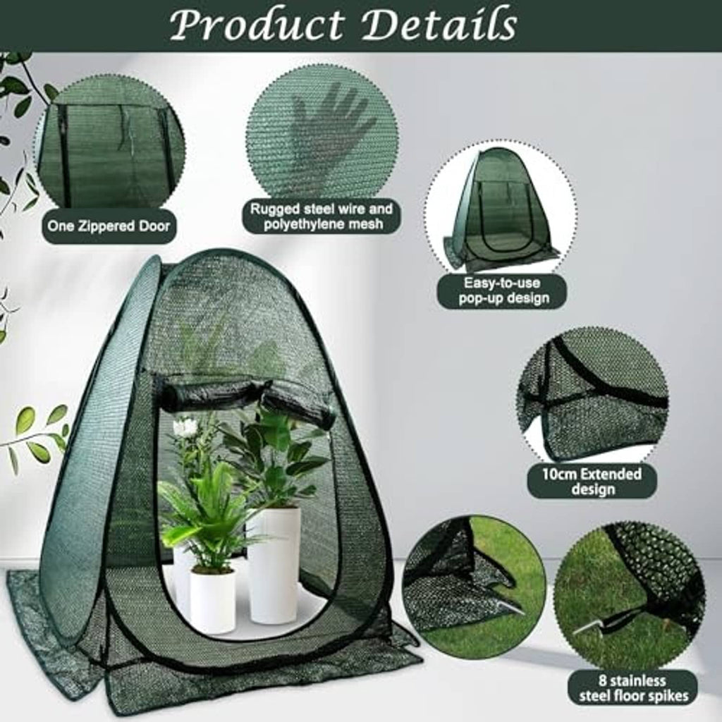 Dark green pop-up plant cover tent with zippered door and side mesh panels