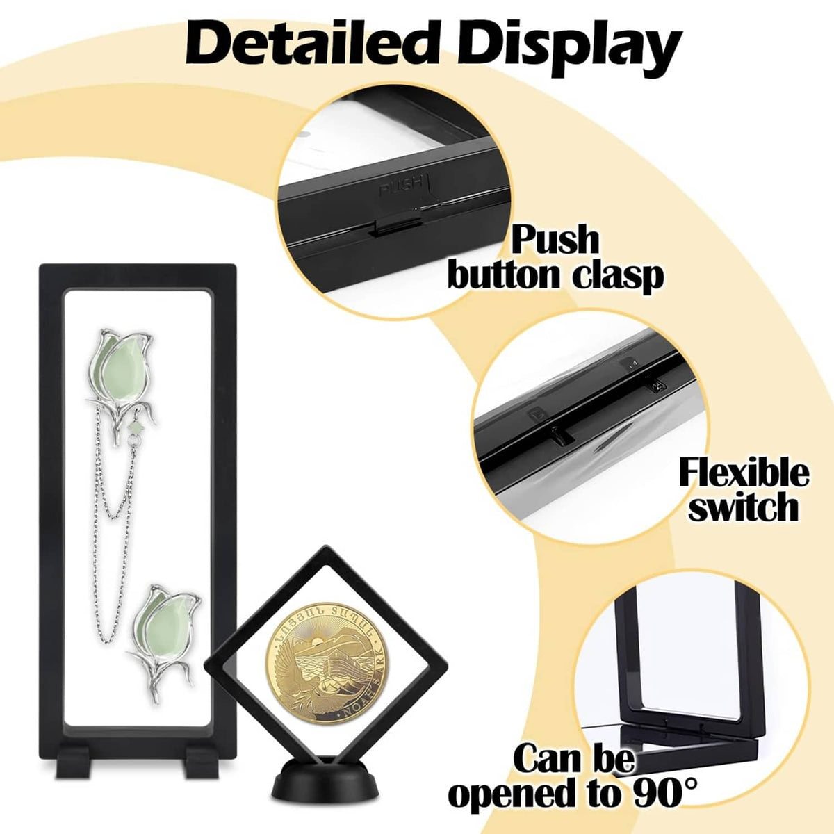 Black display case with push-button clasp and hinged open door for clear viewing