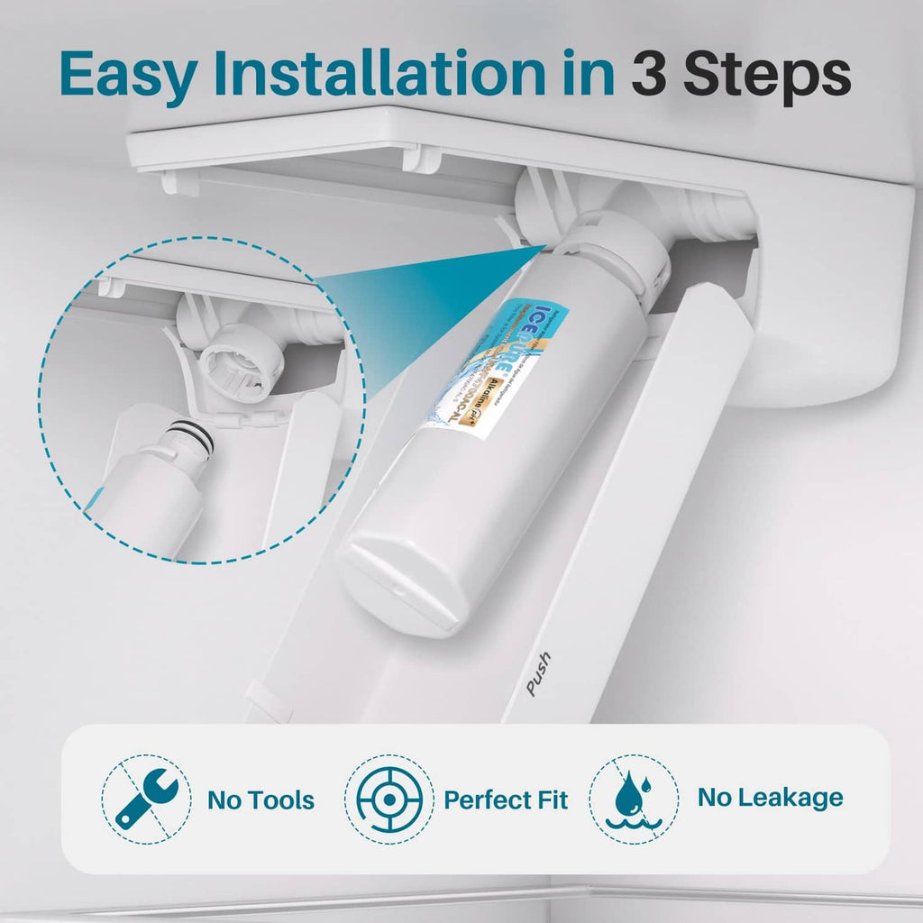 Refrigerator installation view with white water filter cartridge inserted for fit