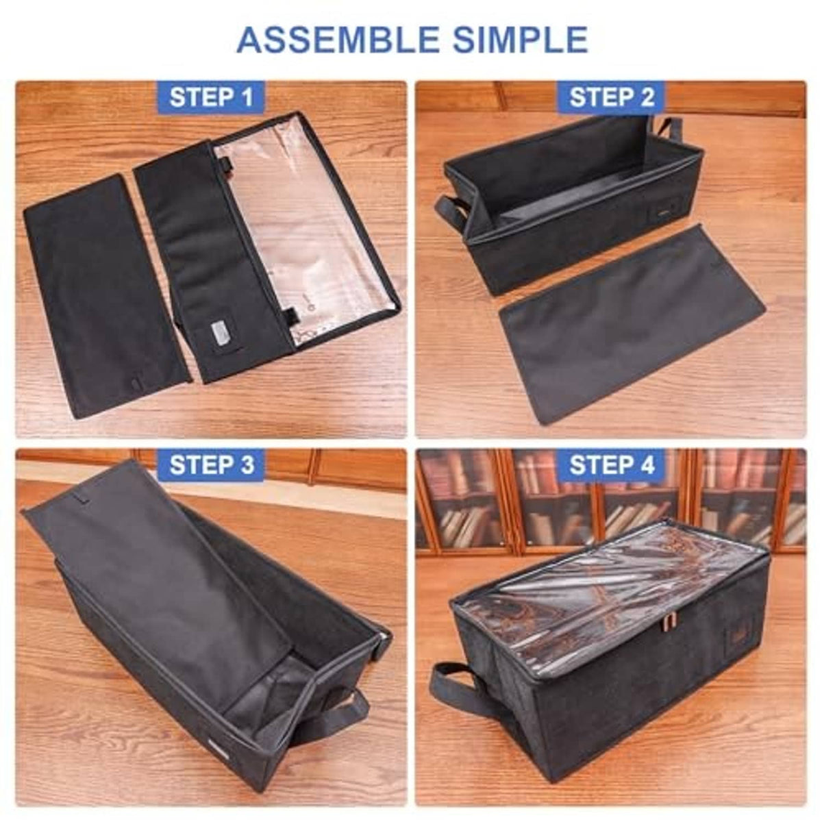 Black DVD case organizer with hinged clear lid and foldable storage covers