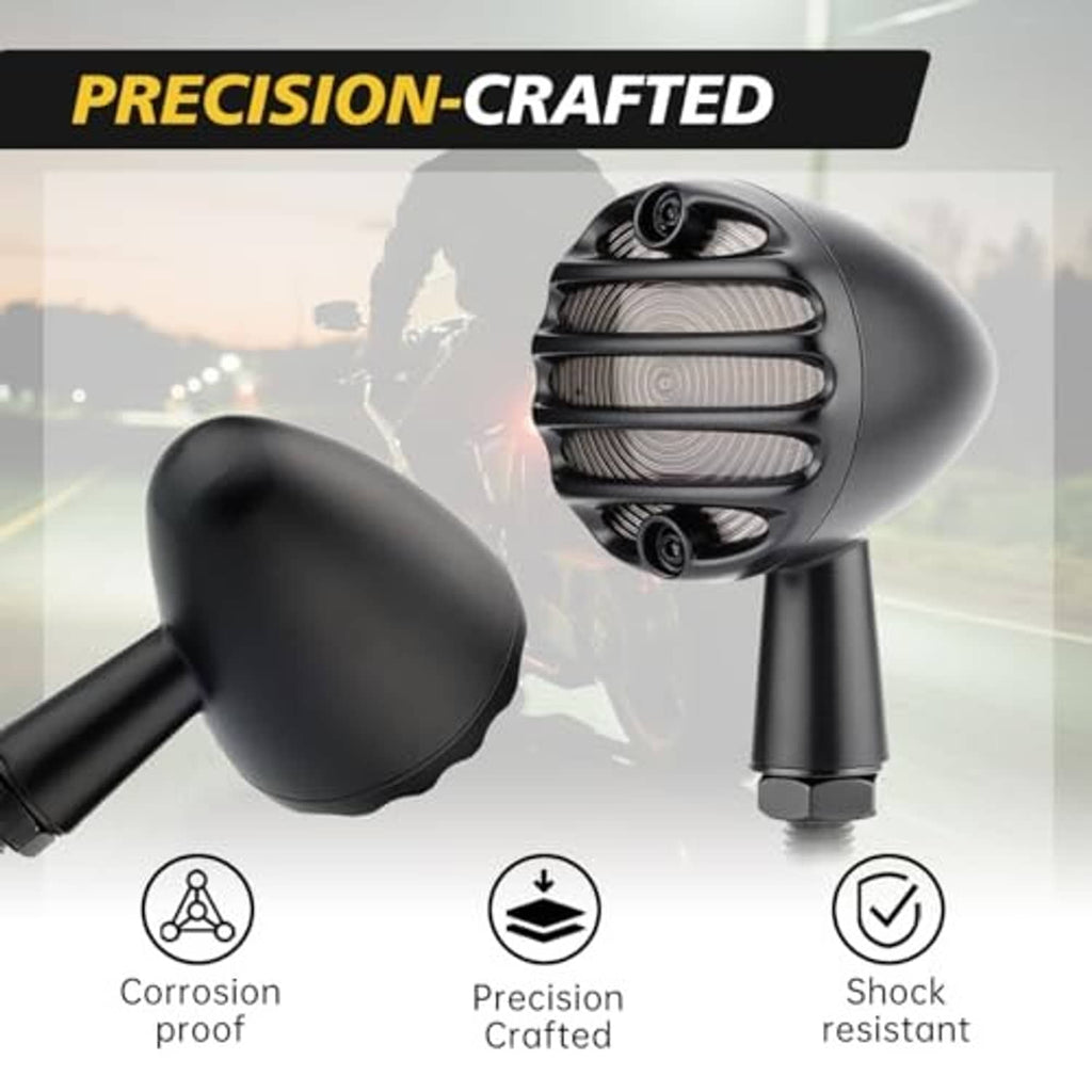 Black motorcycle LED turn signal light with grille lens and thick mounting housing