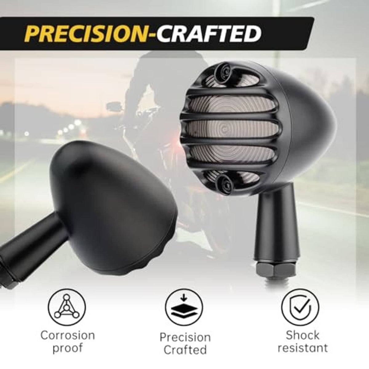 Black motorcycle LED turn signal light with grille lens and thick mounting housing