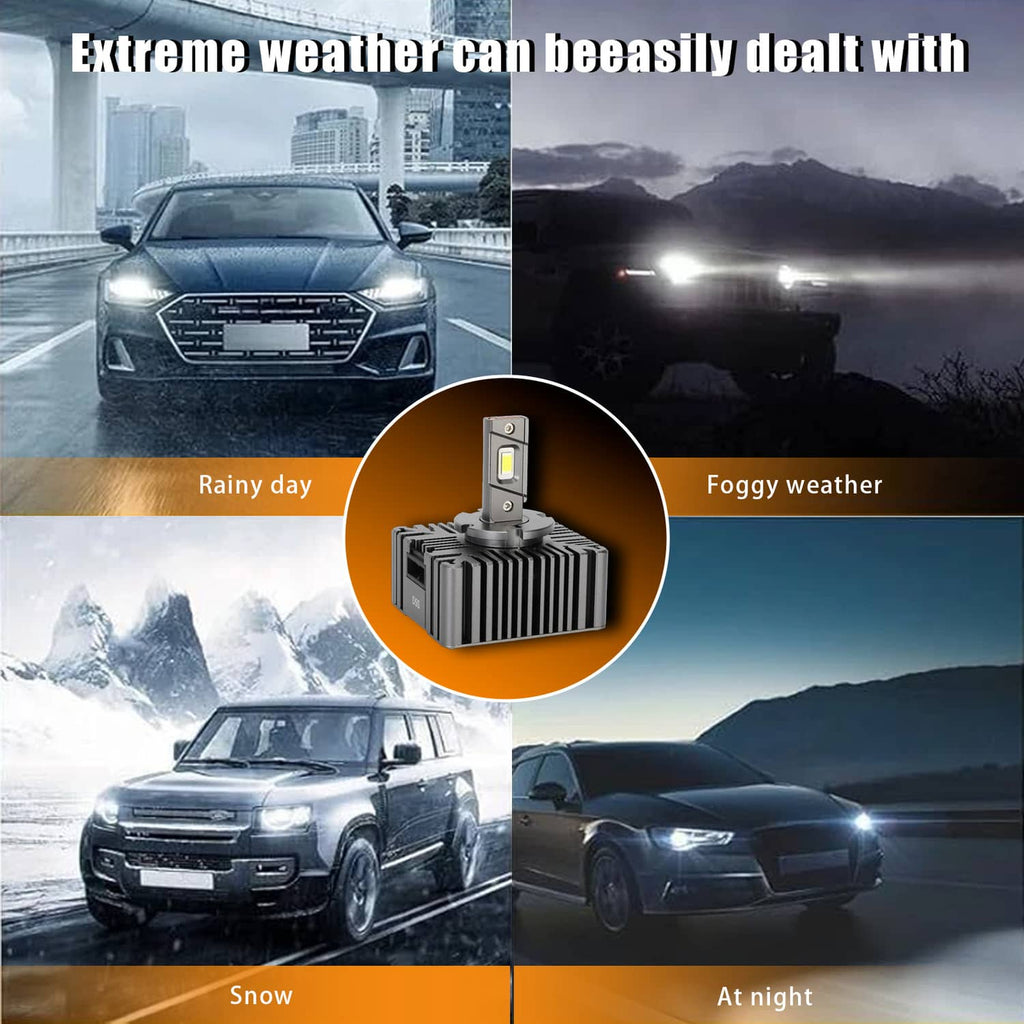 LED headlight bulbs with white beam glow shown in rainy and foggy weather scenes