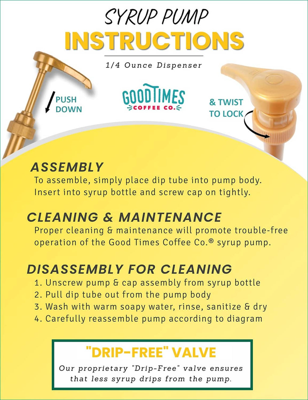 Gold syrup pump dispenser with instructions layout for assembly and cleaning