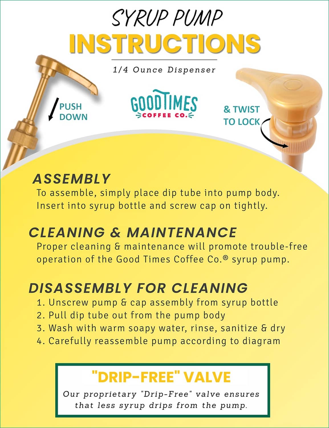 Gold syrup pump dispenser with instructions layout for assembly and cleaning