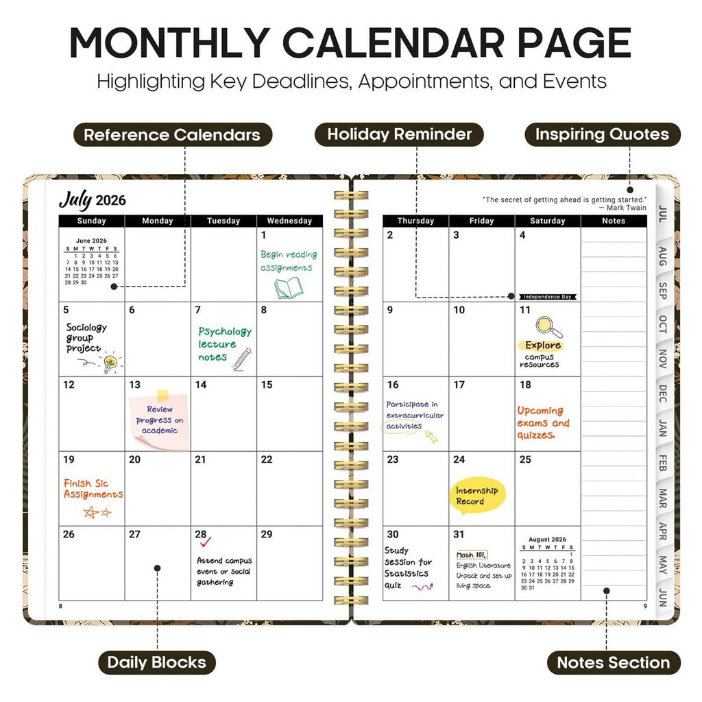Open monthly calendar spread with daily blocks and notes, spiral binding