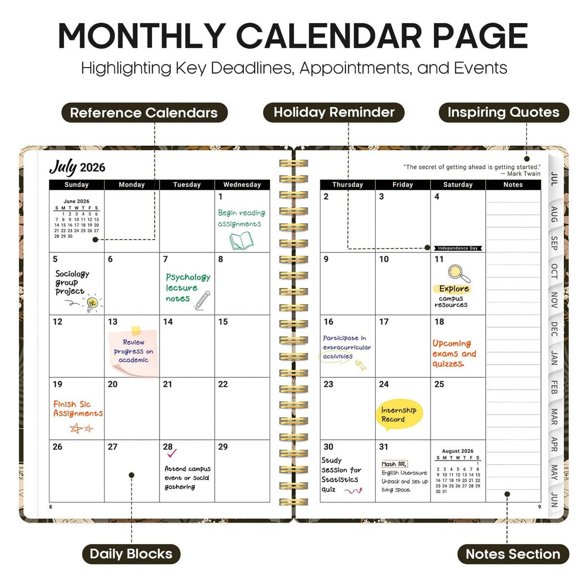 Open monthly calendar spread with daily blocks and notes, spiral binding