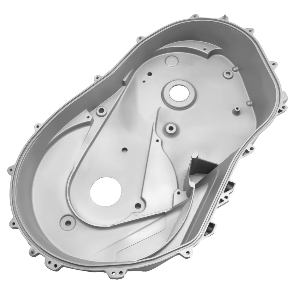 Aluminum inner clutch cover, light gray underside with ribs, fasteners, and round access hole