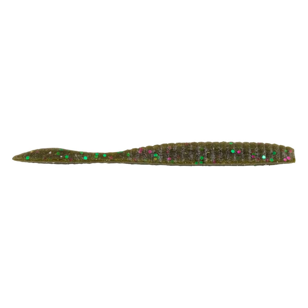 Isolated green pumpkin flatworm fishing bait with speckles and ridged body