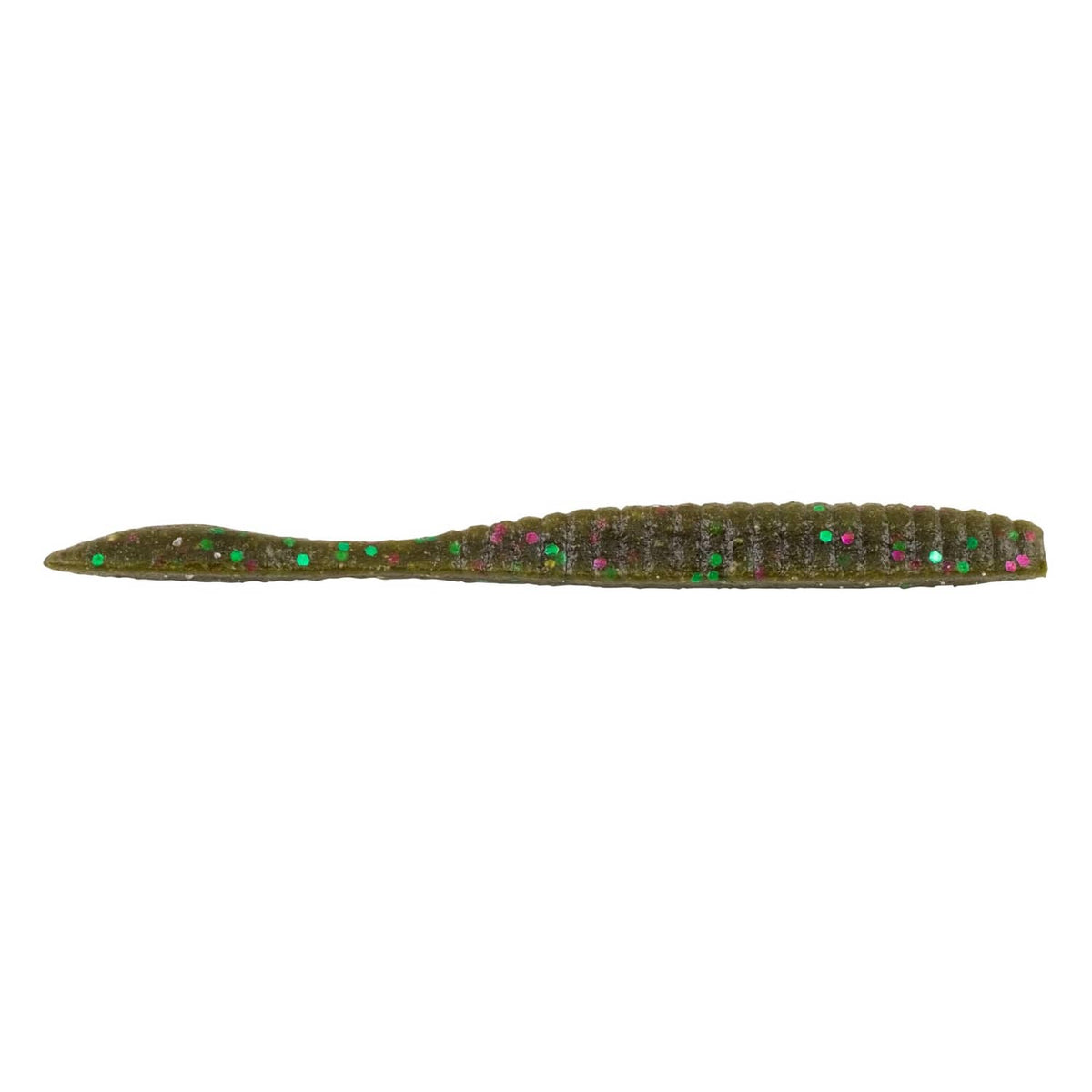 Isolated green pumpkin flatworm fishing bait with speckles and ridged body