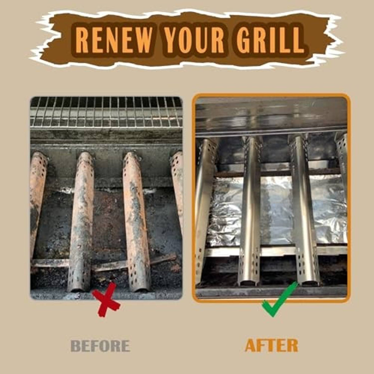 Before-and-after view of cleaner grill burner area with new burner replacement parts
