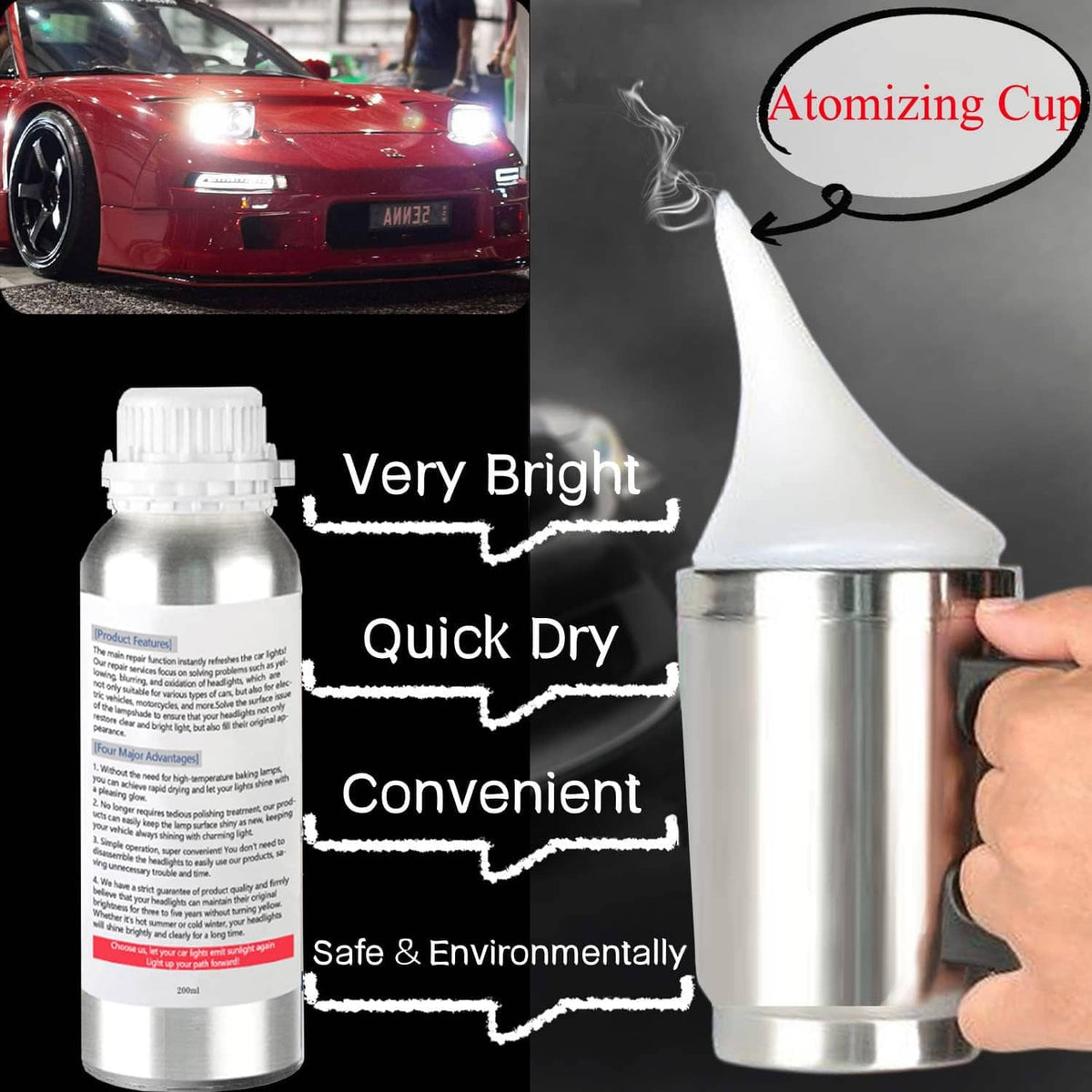 Car headlight restoration liquid bottle with atomizing cup held in hand