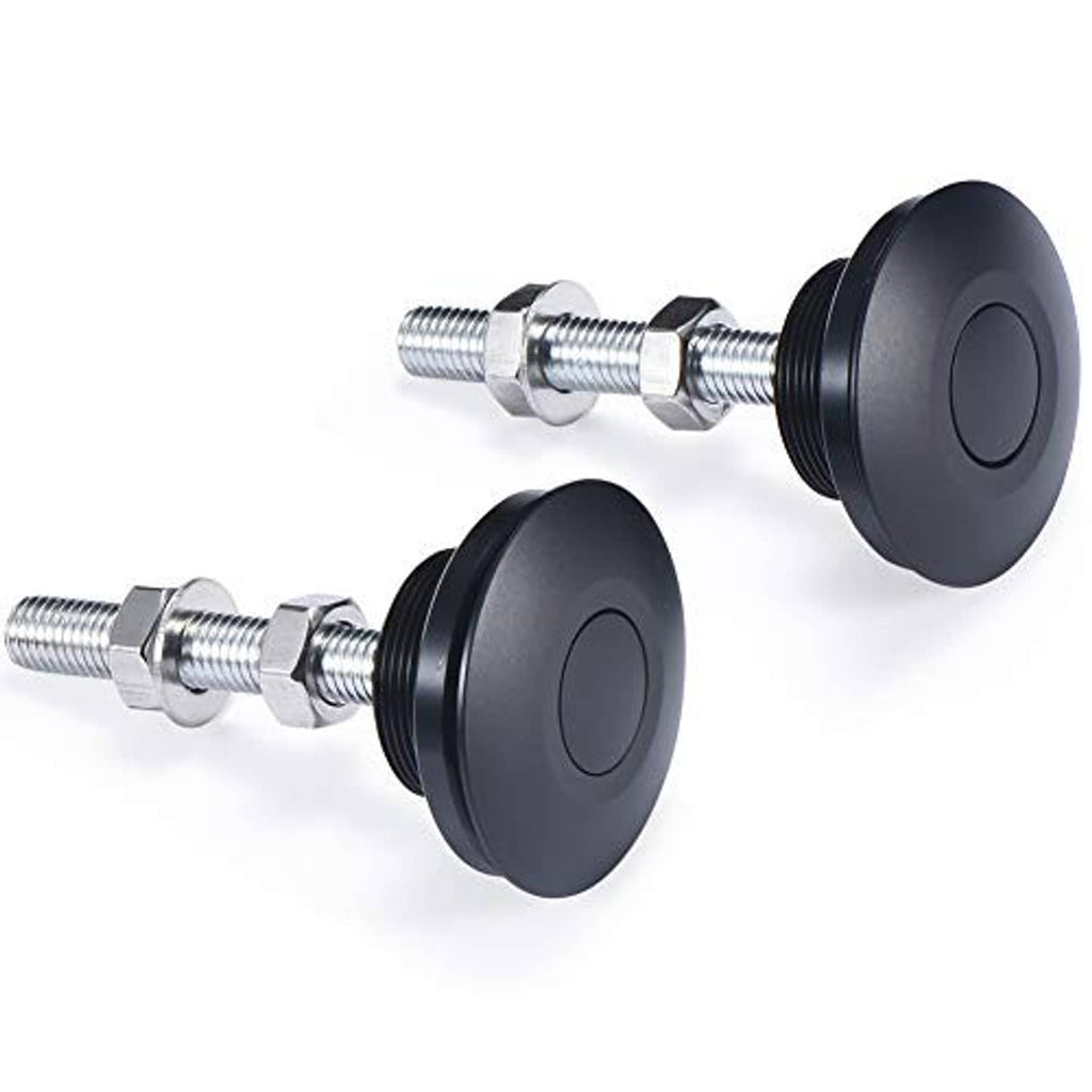 Two black hood latch pins with chrome threaded bolts and round caps