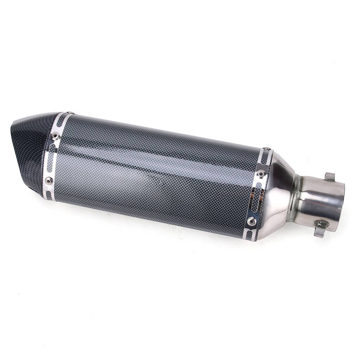 Motorcycle exhaust muffler showing carbon-fiber wrap sleeve and stainless outlet section