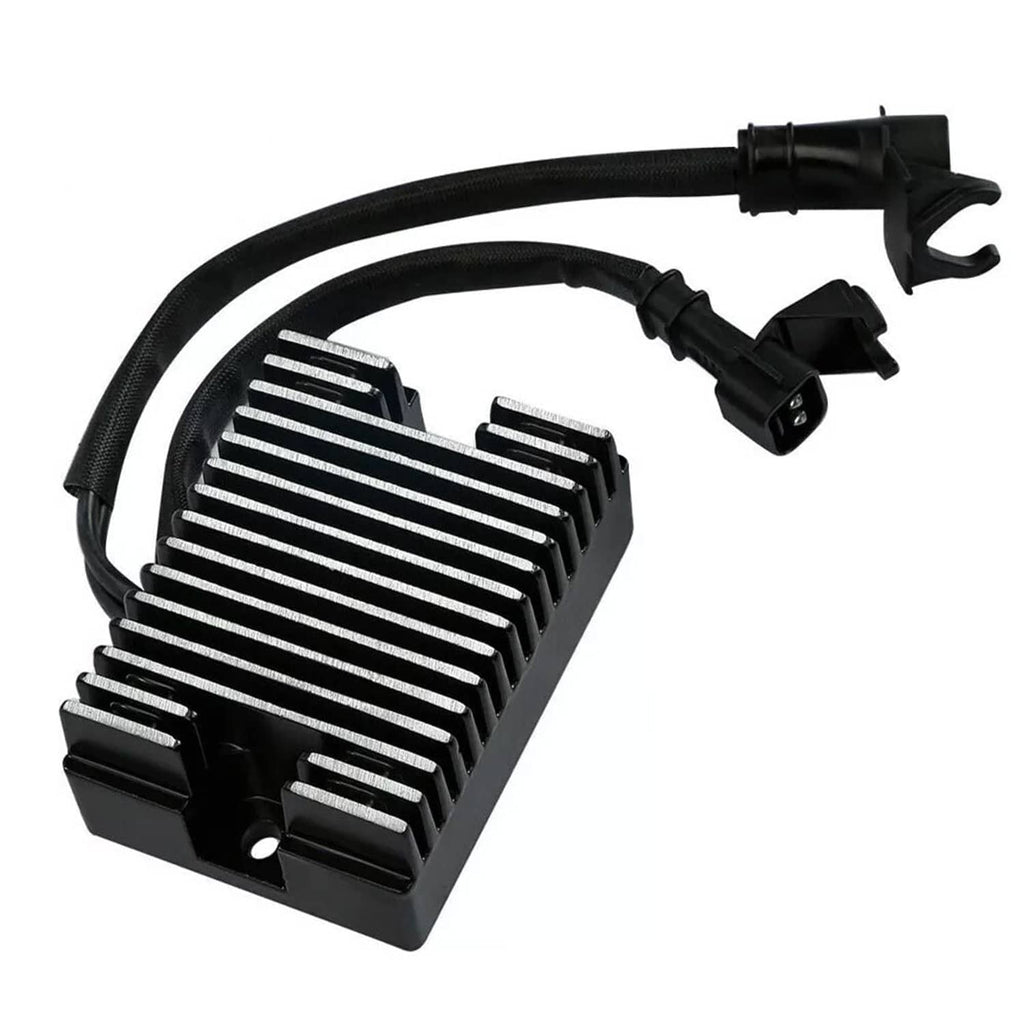 Black finned rectifier module with wiring harness and multi-pin connectors