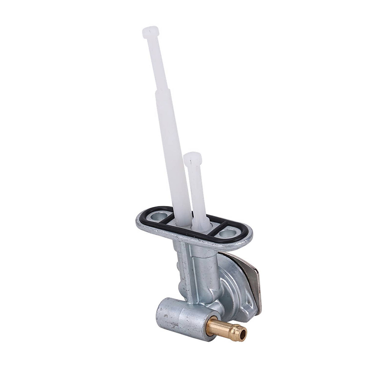 Fuel tank petcock valve with circular mount ring, metal body, and white tube