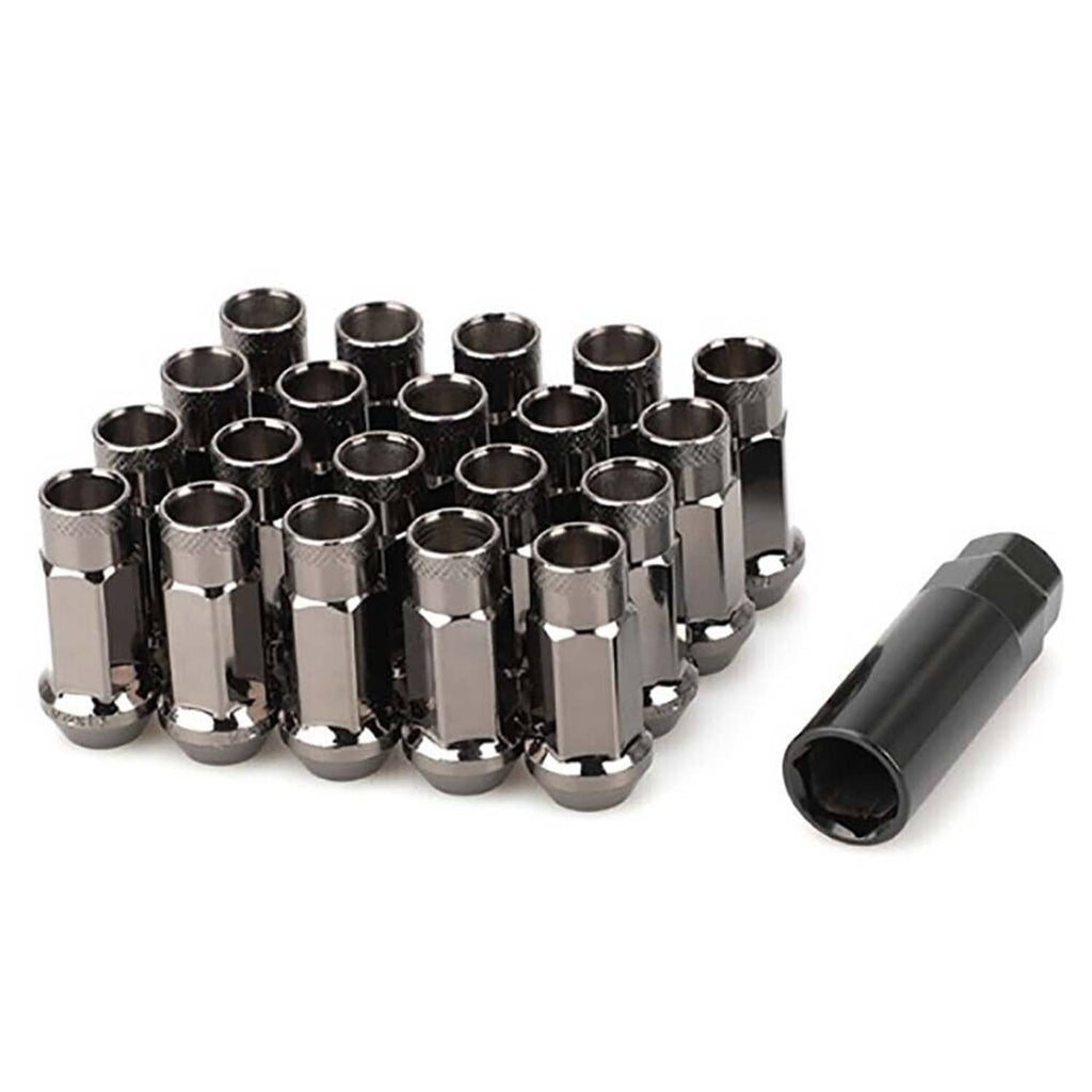 Pack of chrome steel extended wheel lug nuts with open ends and knurled surface finish