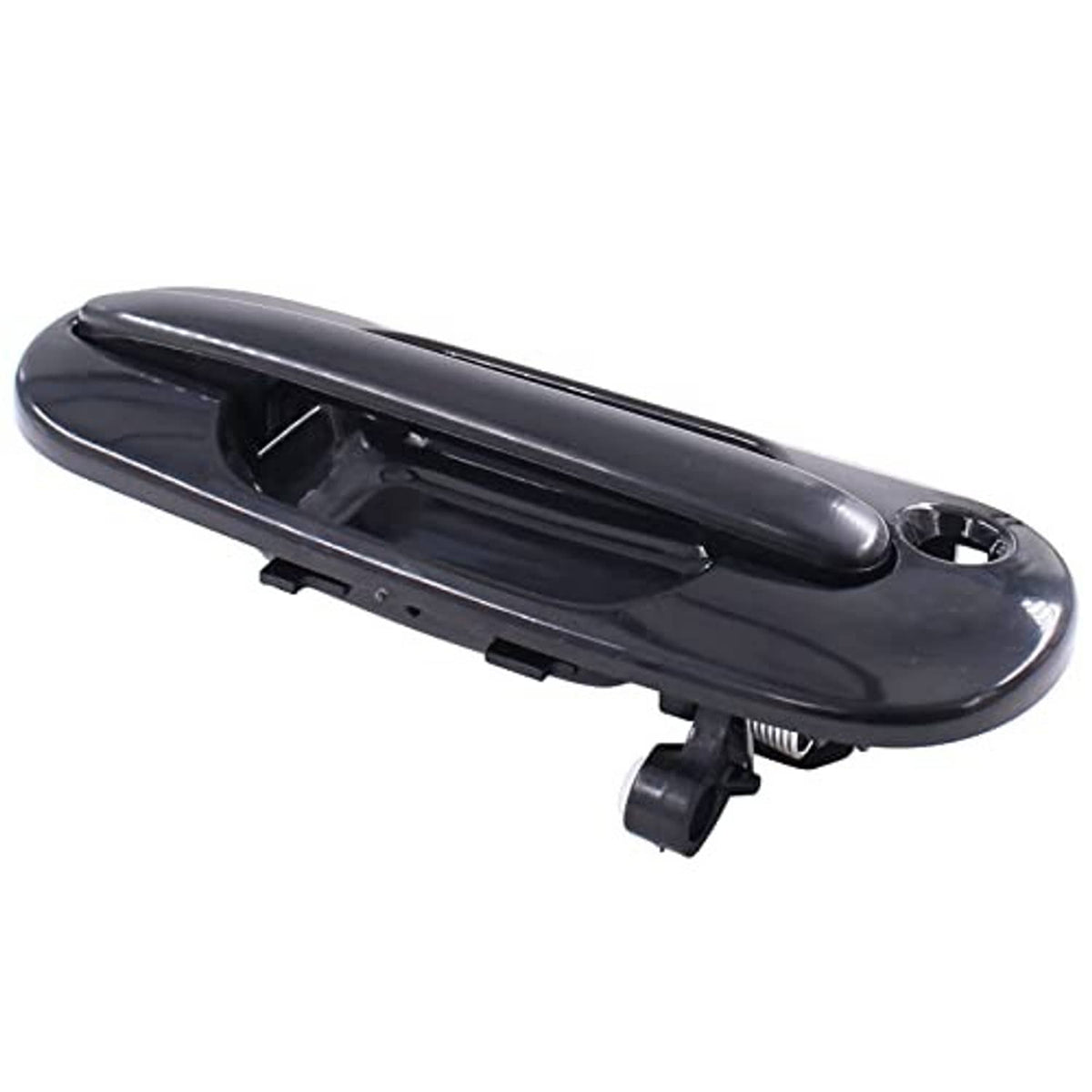 Exterior door handle with glossy dark gray finish and keyhole-style opening