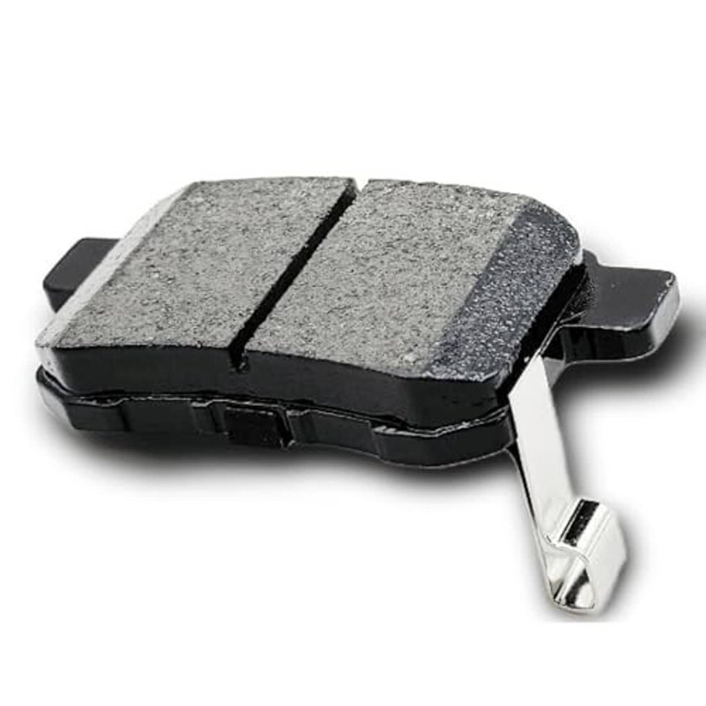 Gray ceramic brake pad with black backing and metal mounting tab