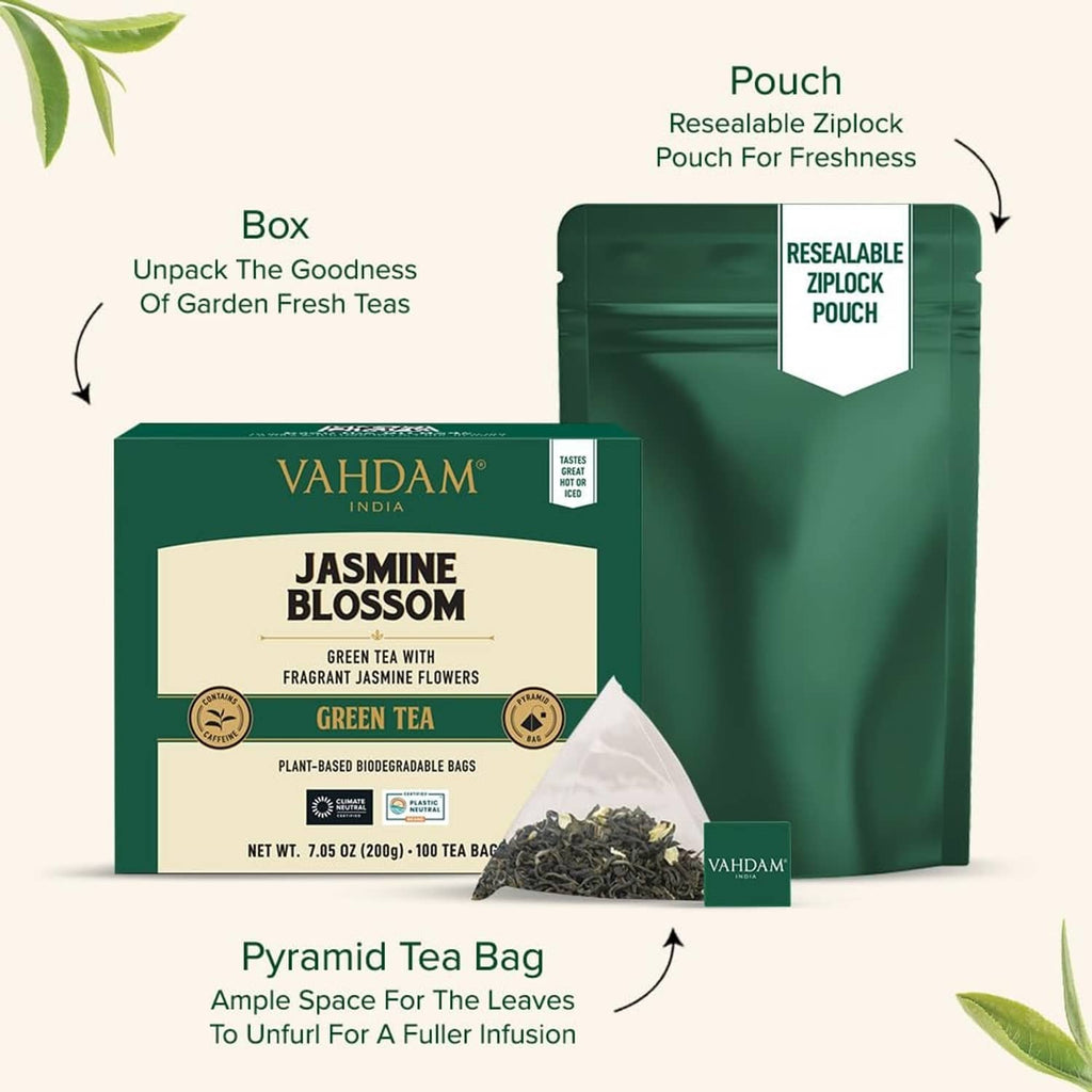 VAHDAM Jasmine Blossom green tea box with resealable pouch and pyramid tea bag graphic