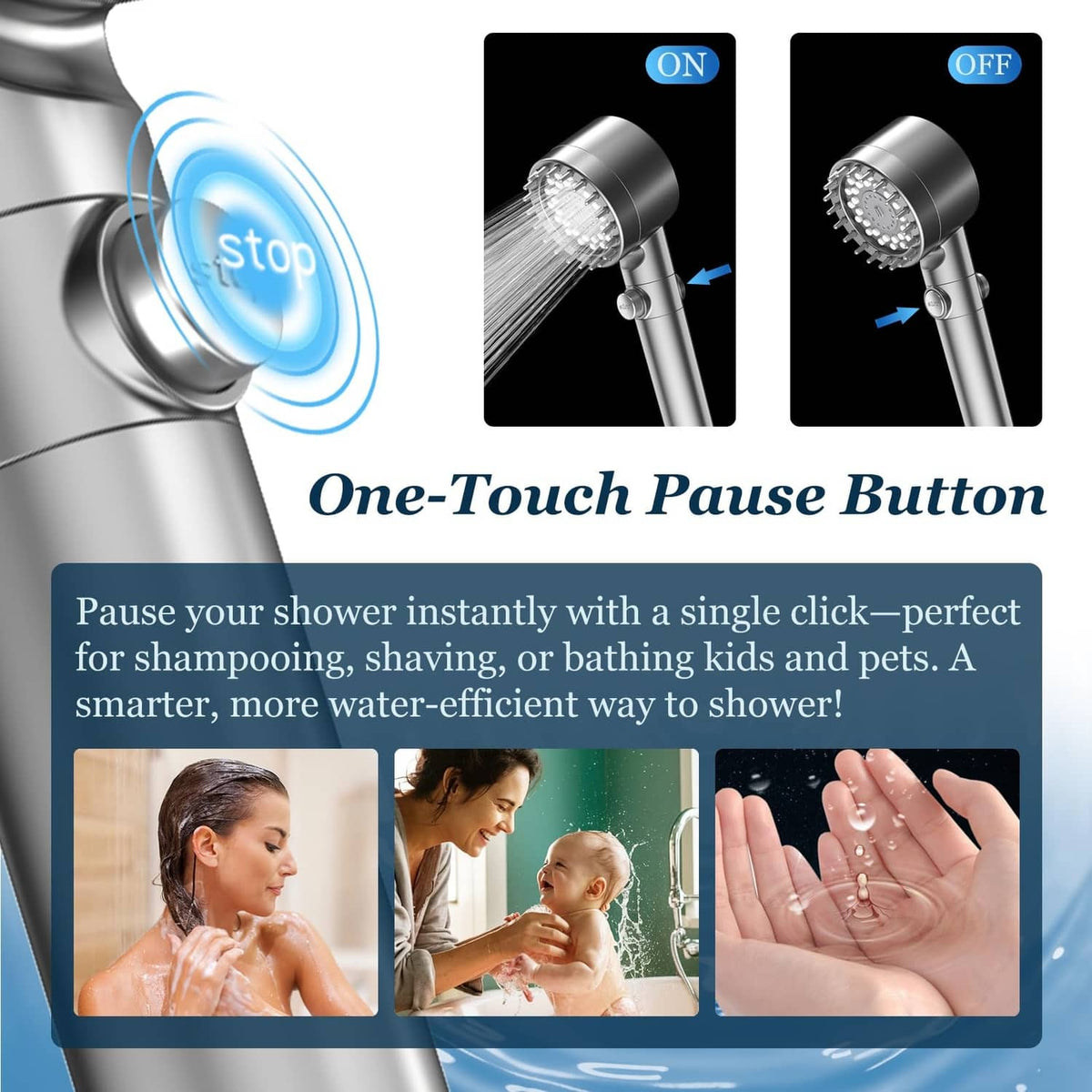 Handheld shower head with one-touch pause button and adjustable water spray