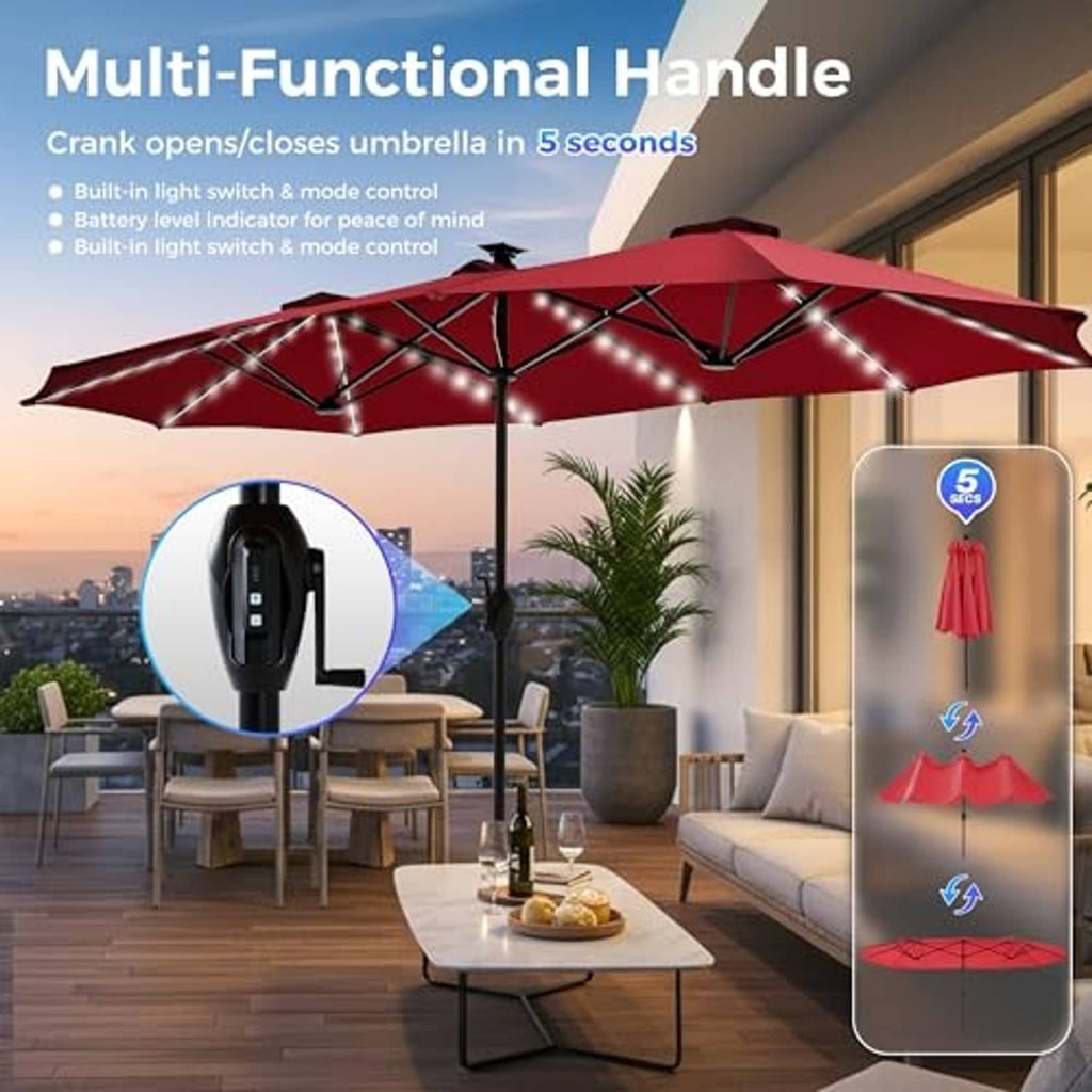Burgundy patio umbrella crank handle with built-in light control for umbrella lighting.