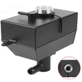 Black coolant reservoir tank with threaded aluminum cap and two hose nipples