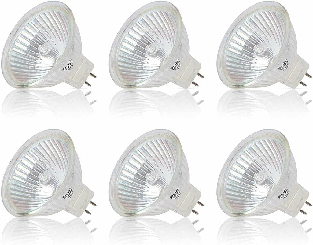 MR16 halogen spotlight bulbs, clear glass, GU5.3 bi-pin base (six-pack view)