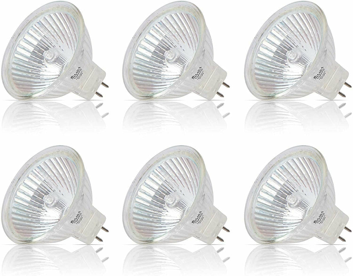 MR16 halogen spotlight bulbs, clear glass, GU5.3 bi-pin base (six-pack view)