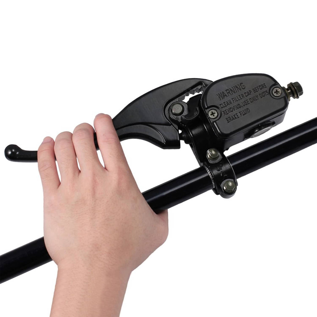 Left front brake master cylinder with black lever and reservoir, mounting bracket attached