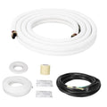 Insulated mini split line set coil with white polyethylene tubing and copper connections