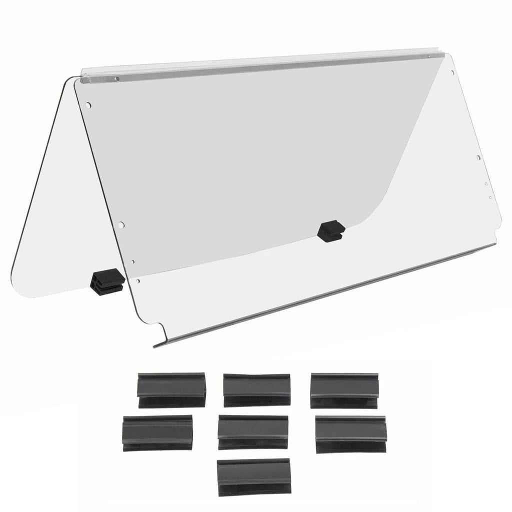 Clear folding windshield panel with black clips and mounting brackets