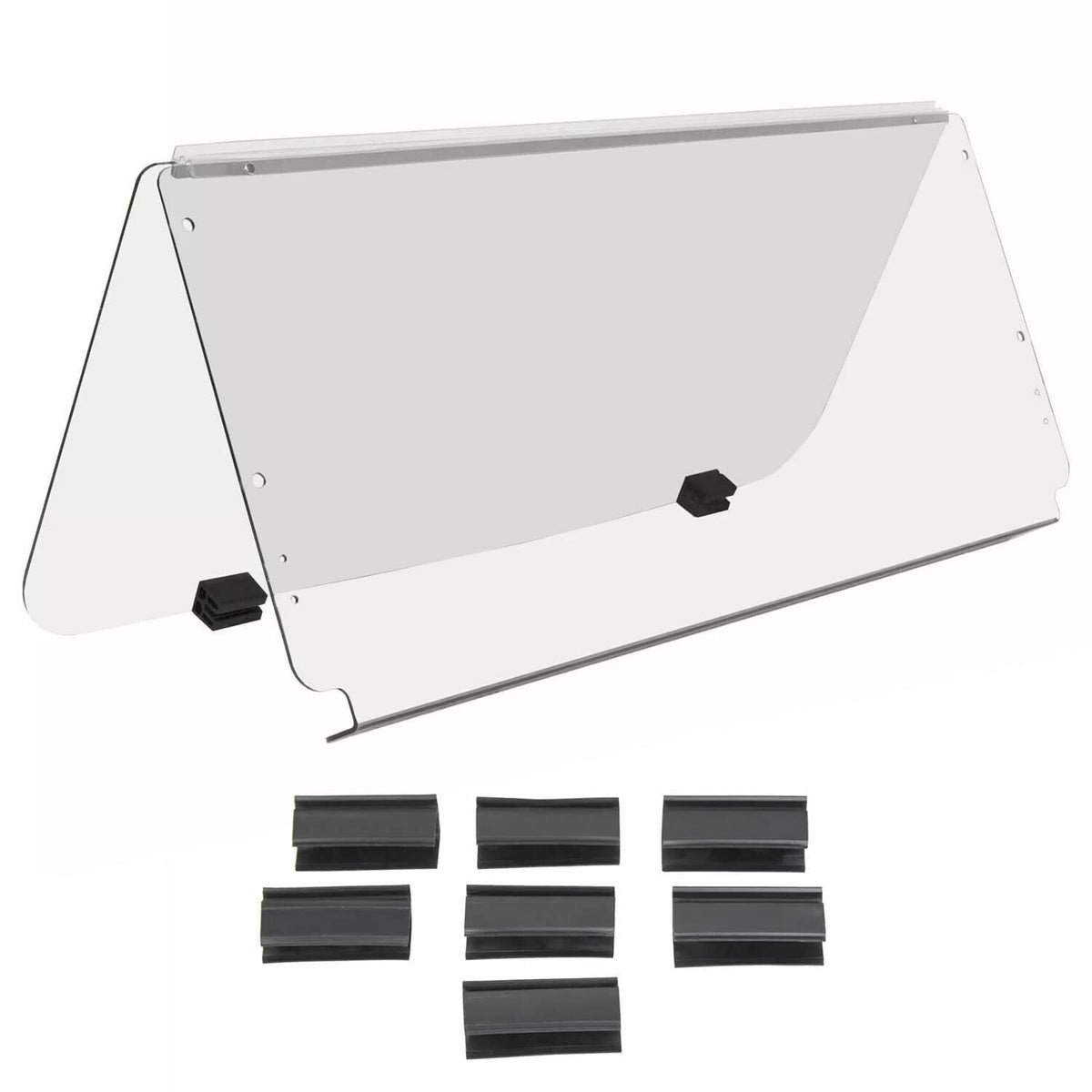 Clear folding windshield panel with black clips and mounting brackets