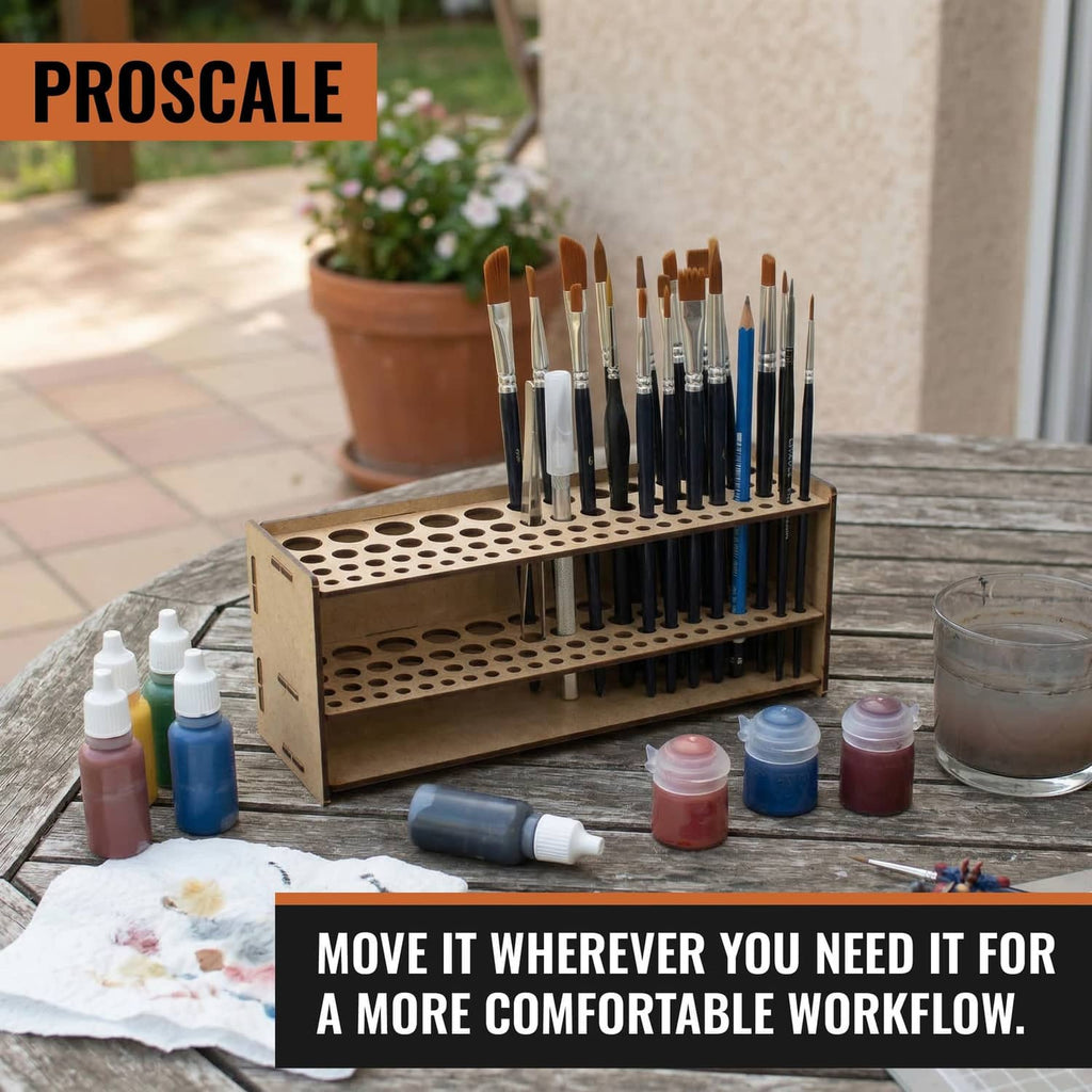 Wooden brush organizer with two rows of circular holes and standing paintbrushes