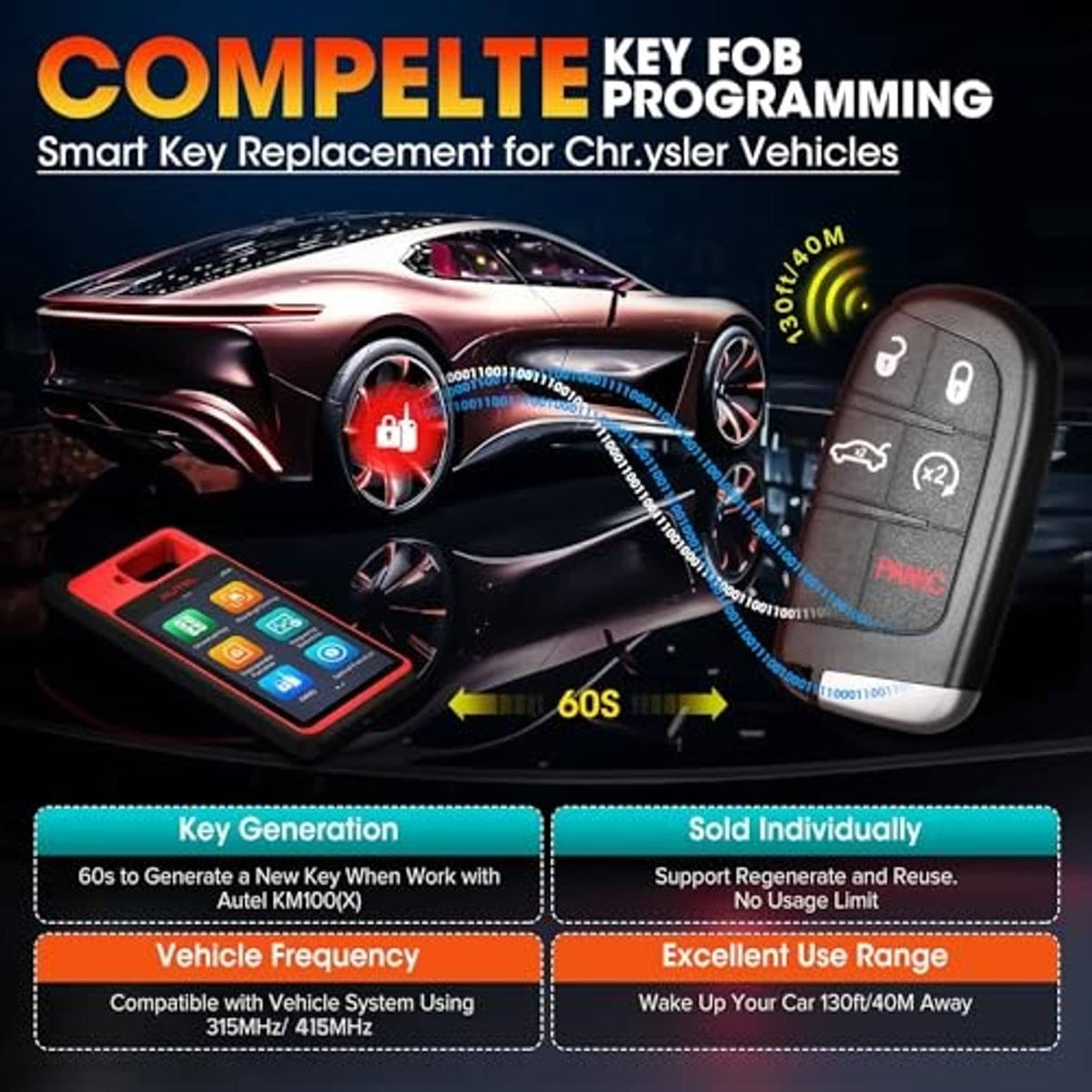 Black smart key fob with unlock, lock, trunk, and panic buttons