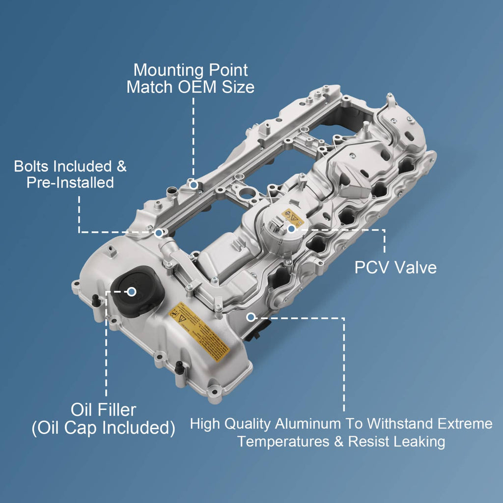 Light gray aluminum valve cover with oil filler cap and PCV valve