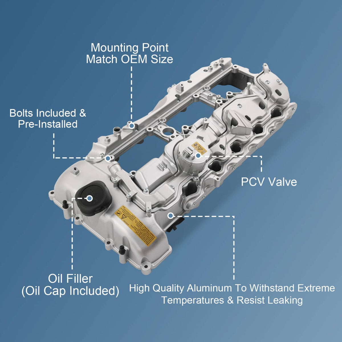 Light gray aluminum valve cover with oil filler cap and PCV valve