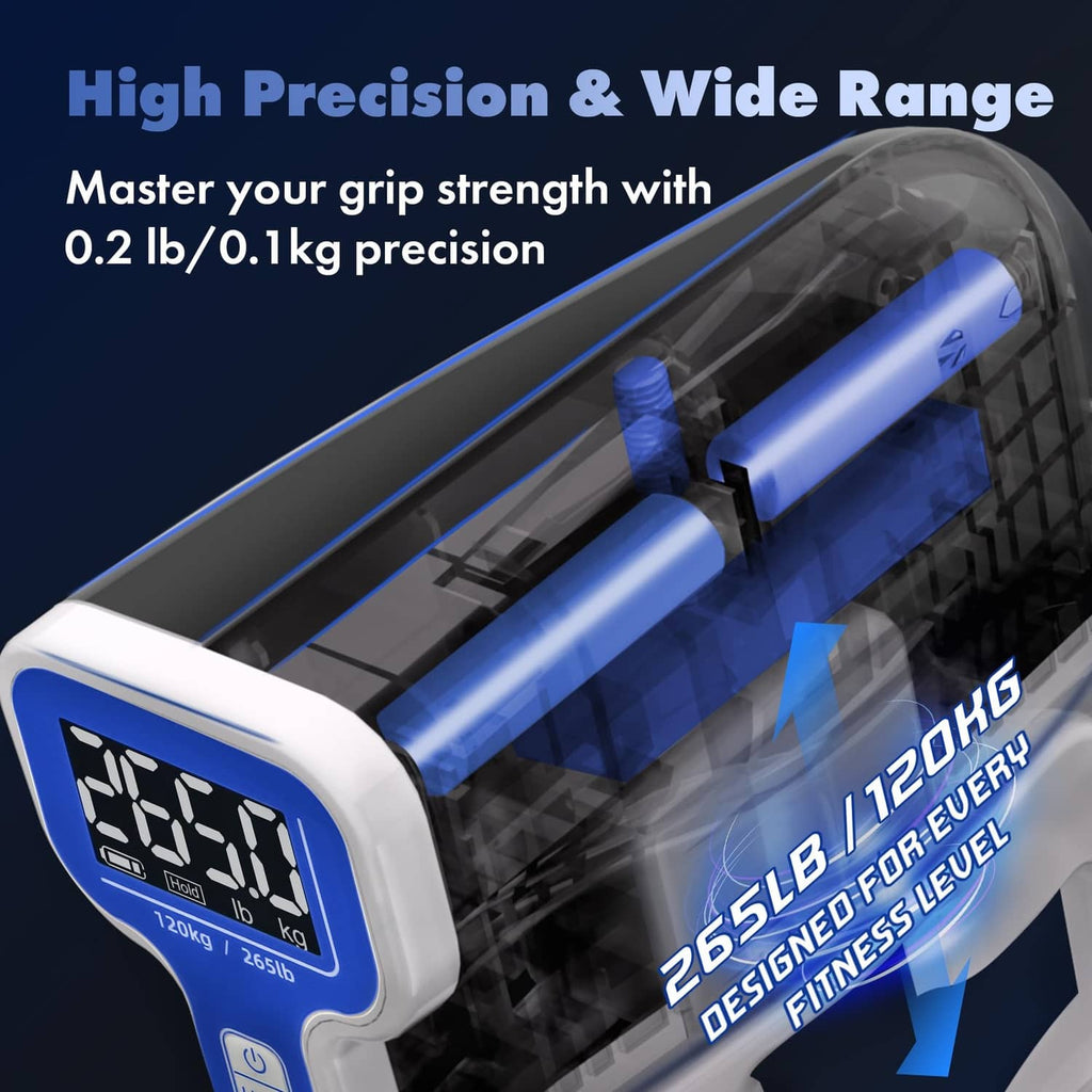 Handheld grip strength tester angled view with blue grip bars and LCD screen on white-and-blue.