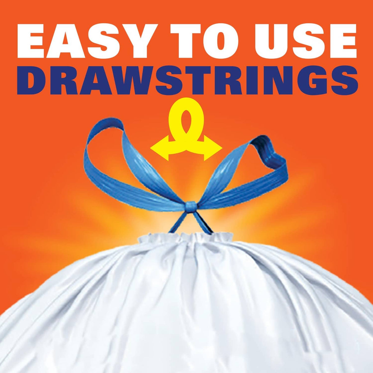 Hefty drawstring trash bag with handle bow and easy-to-use drawstring graphic