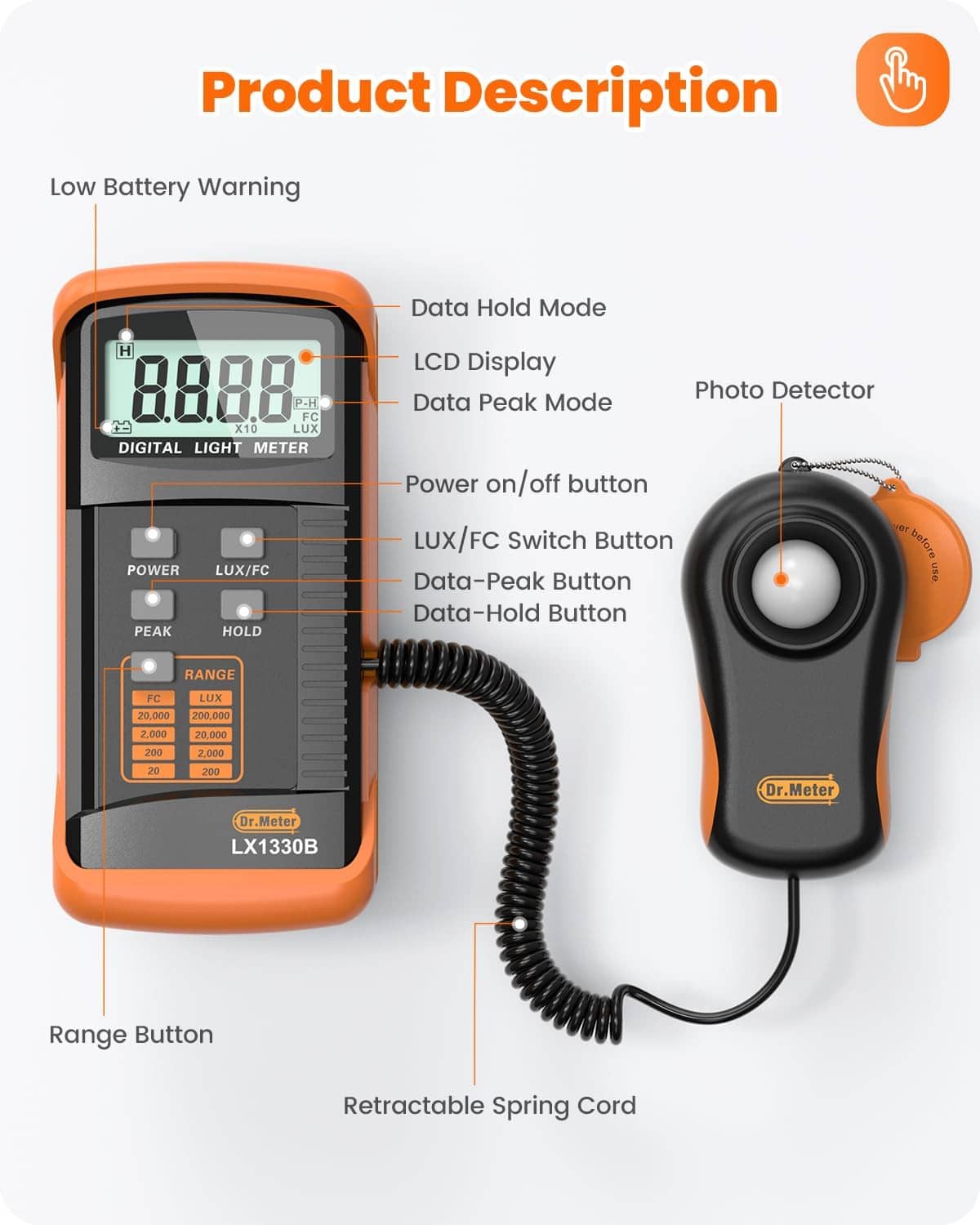 Digital lux light meter and split photodetector probe with retractable spring cord