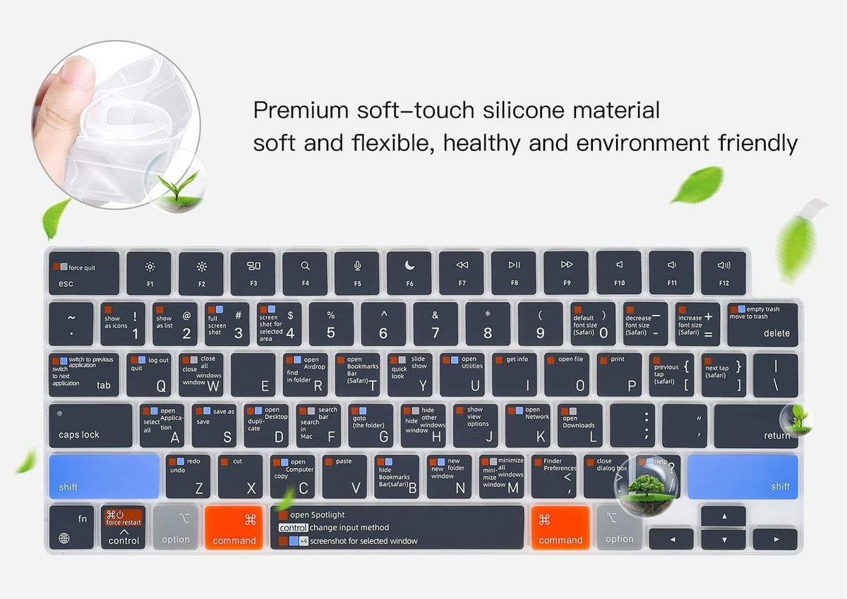 Silicone keyboard cover in gray with key outlines and orange accent shortcuts