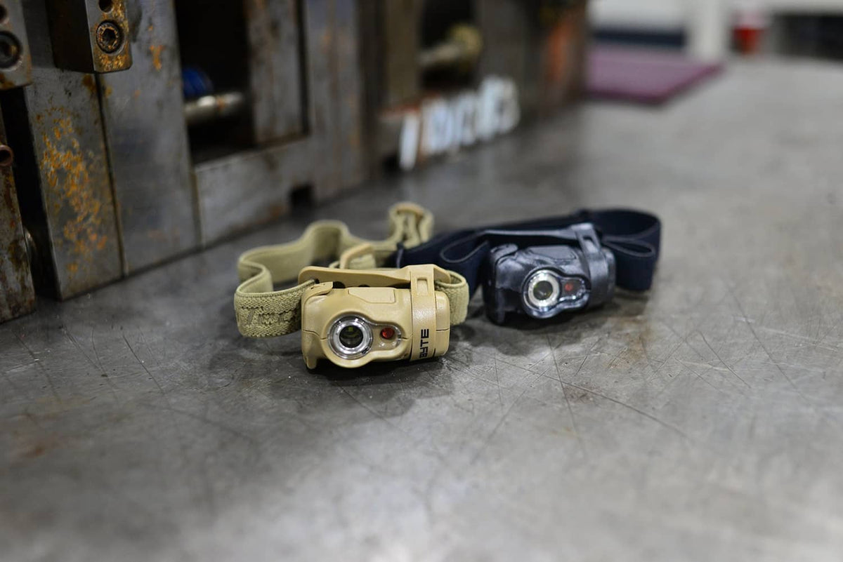 Princeton Tec Byte headlamp with tan and black units, shown with straps
