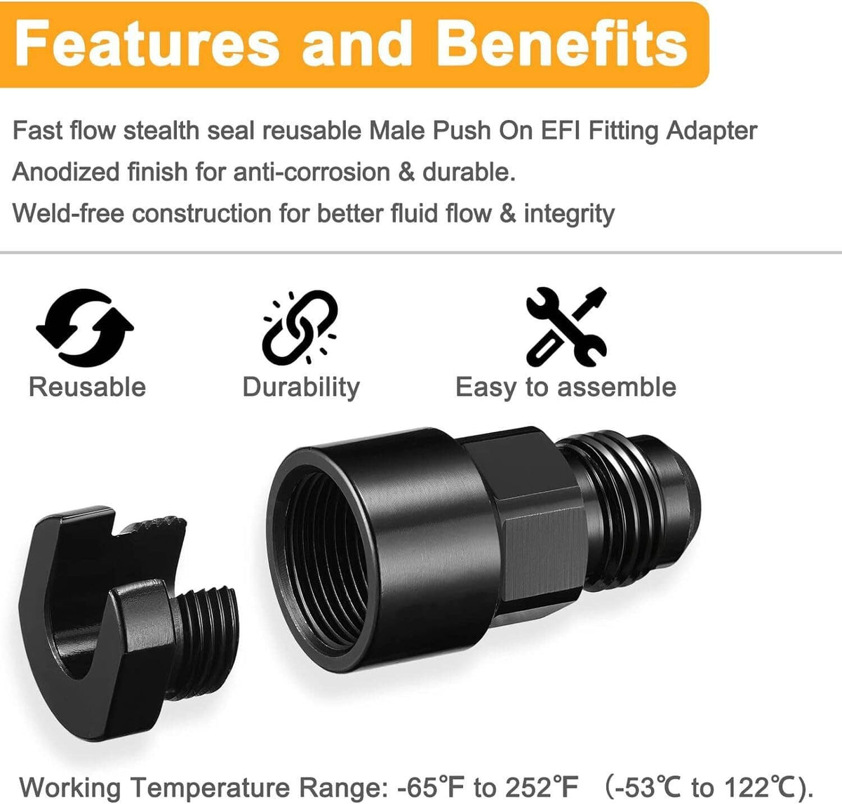 Reusable black male push-on EFI fitting adapter with threaded connection
